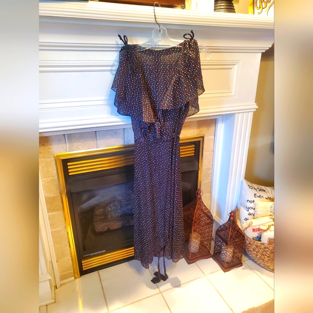 Vintage 70s wrap around black with poka dots dress size 9/10